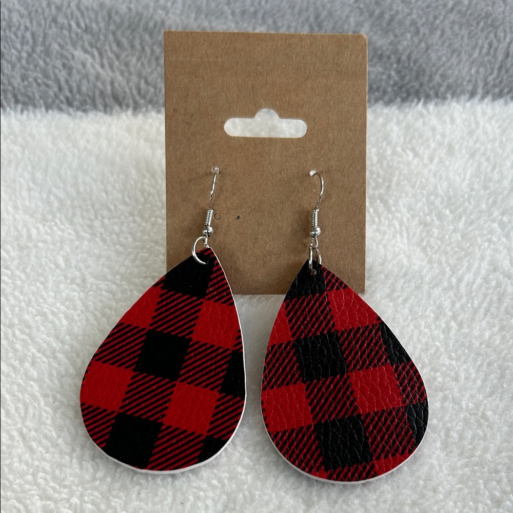 Red and Black Plaid Teardrop Earrings